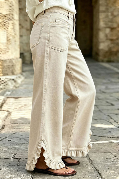 Solid Patch Pocket Ruffle Hem Mid Waist Wide Leg Pants