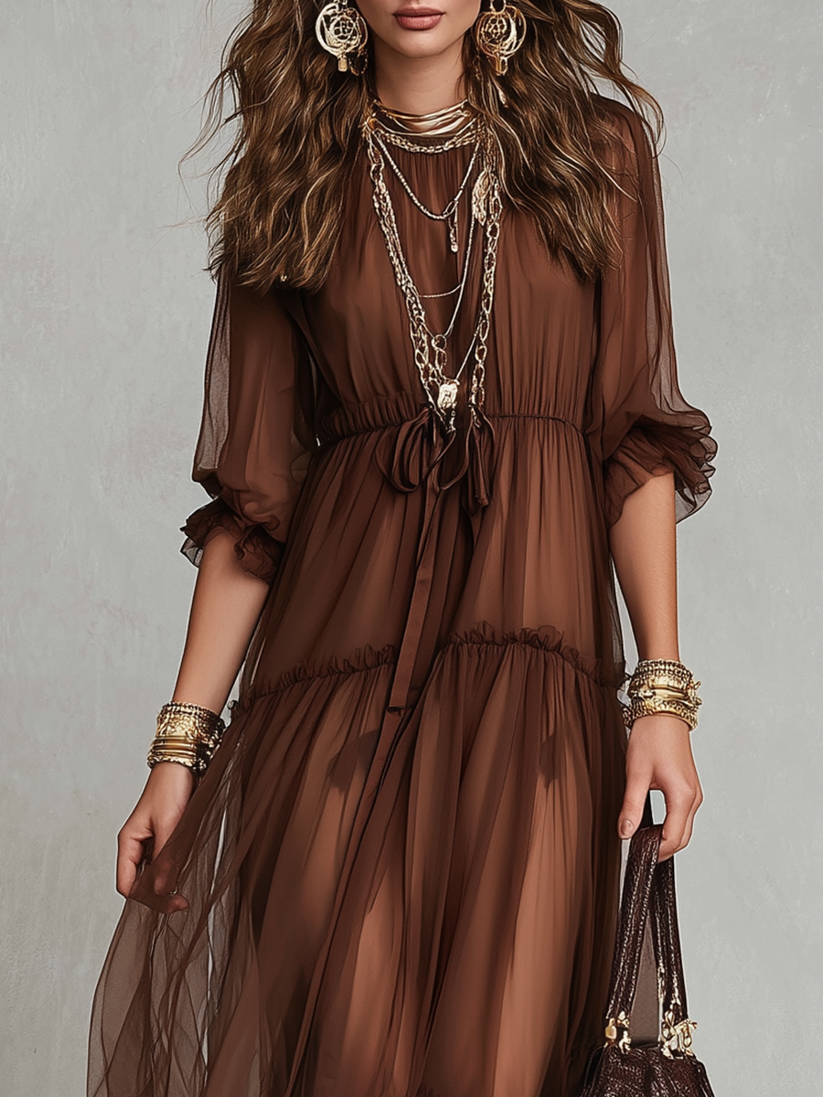 Robe longue en tulle marron style bohème