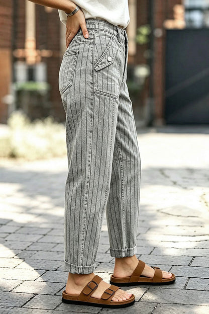 Striped Flap Decor Roll Hem High Waist Cropped Tapered Pants
