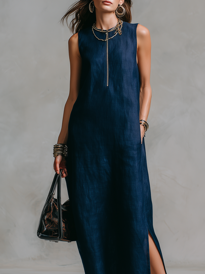 Robe longue décontractée en lin bleu nuit avec fermeture éclair