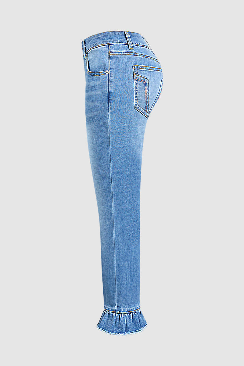 Raw Hem Ruffle Mid Waist Straight Leg Cropped Jeans