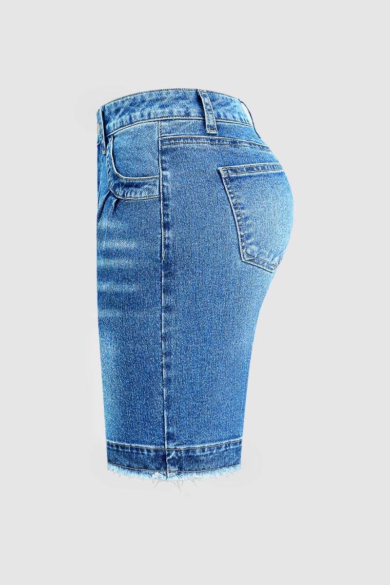 Wash Raw Hem High Waist Denim Bermuda Shorts Without Belt