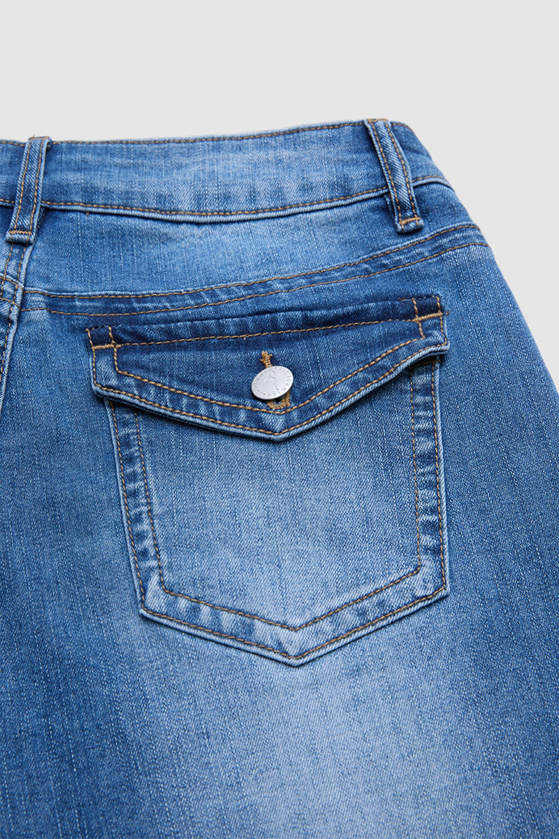 Wash Roll Hem Flap Pocket Mid Waist Straight Leg Capri Jeans