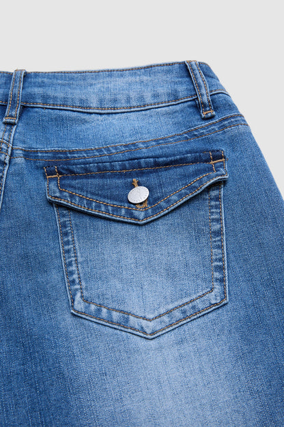Wash Roll Hem Flap Pocket Mid Waist Straight Leg Capri Jeans