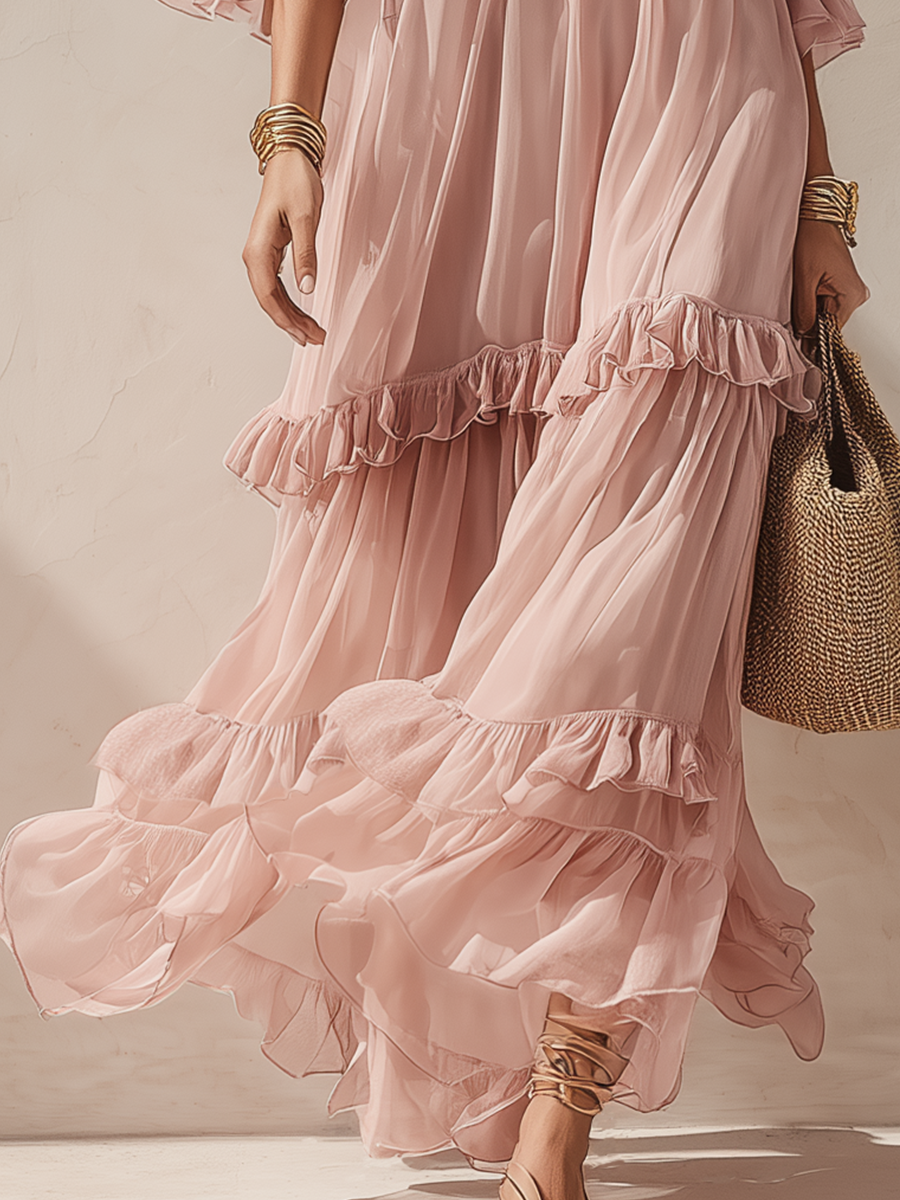 Robe longue romantique à volants étagés et froufrous