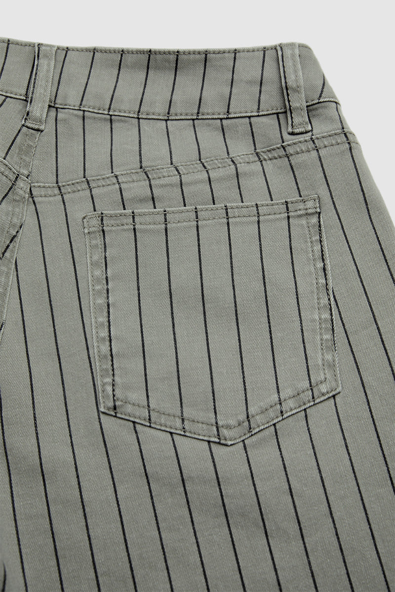 Pinstriped Roll Hem High Waist Straight Leg Cropped Pants Without Belt