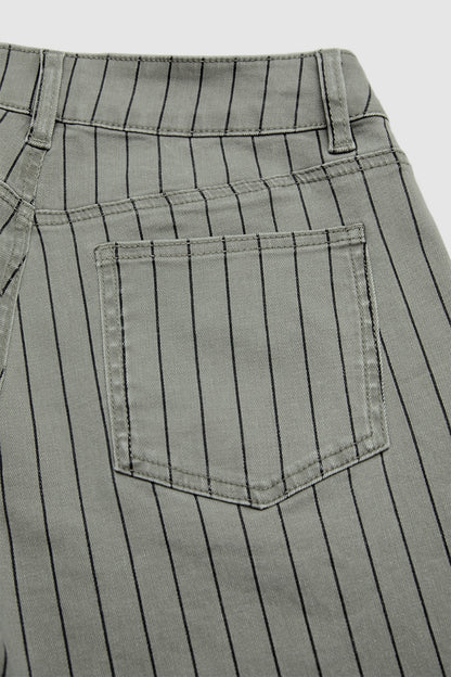 Pinstriped Roll Hem High Waist Straight Leg Cropped Pants Without Belt