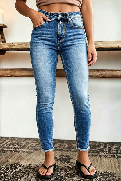 Wash Embroidery Back Raw Hem Mid Waist Cropped Skinny Jeans