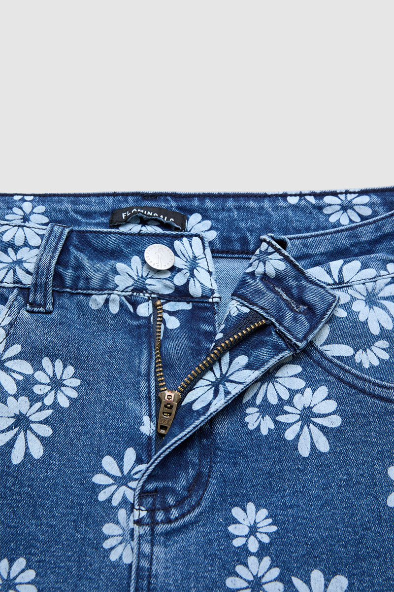 Floral Pattern Mid Waist Barrel Leg Crop Jeans Without Belt