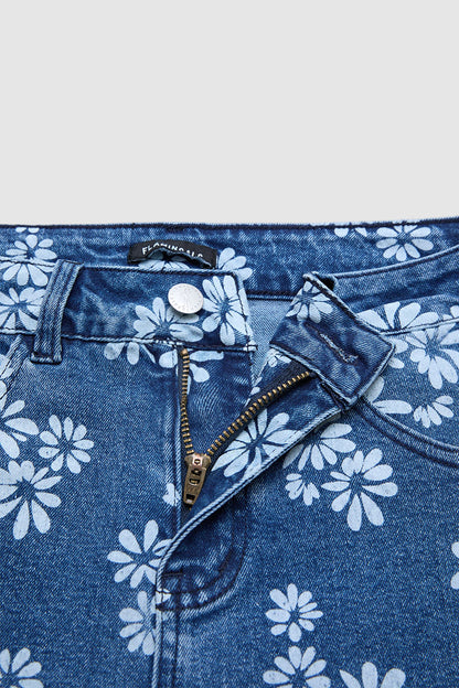 Floral Pattern Mid Waist Barrel Leg Crop Jeans Without Belt