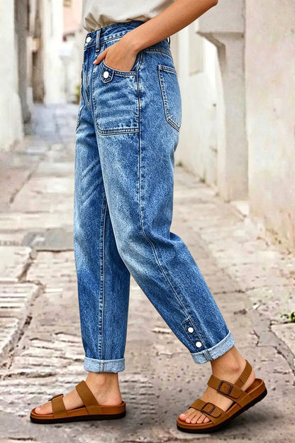 Wash Button Decor Roll Hem High Rise Crop Tapered Jeans