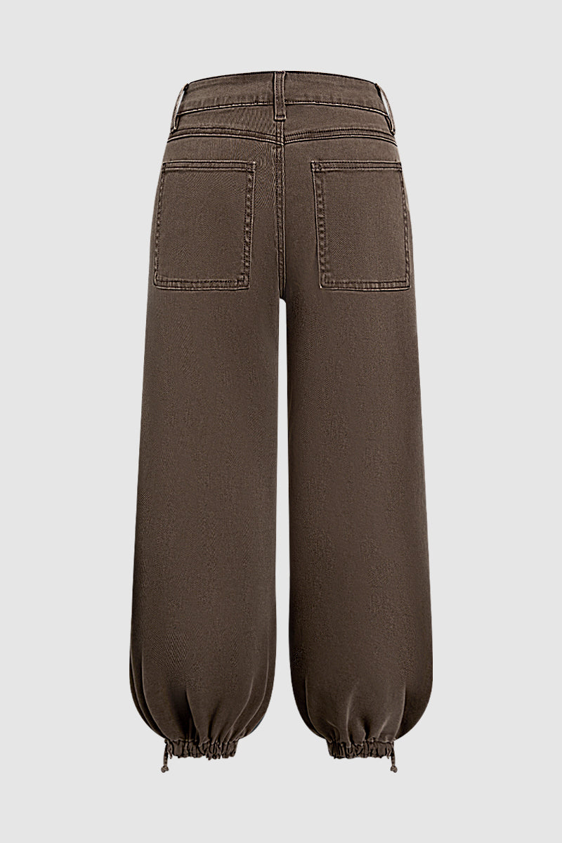 Solid Patch Pocket Drawstring Hem Mid Waist Cropped Wide Leg Pants