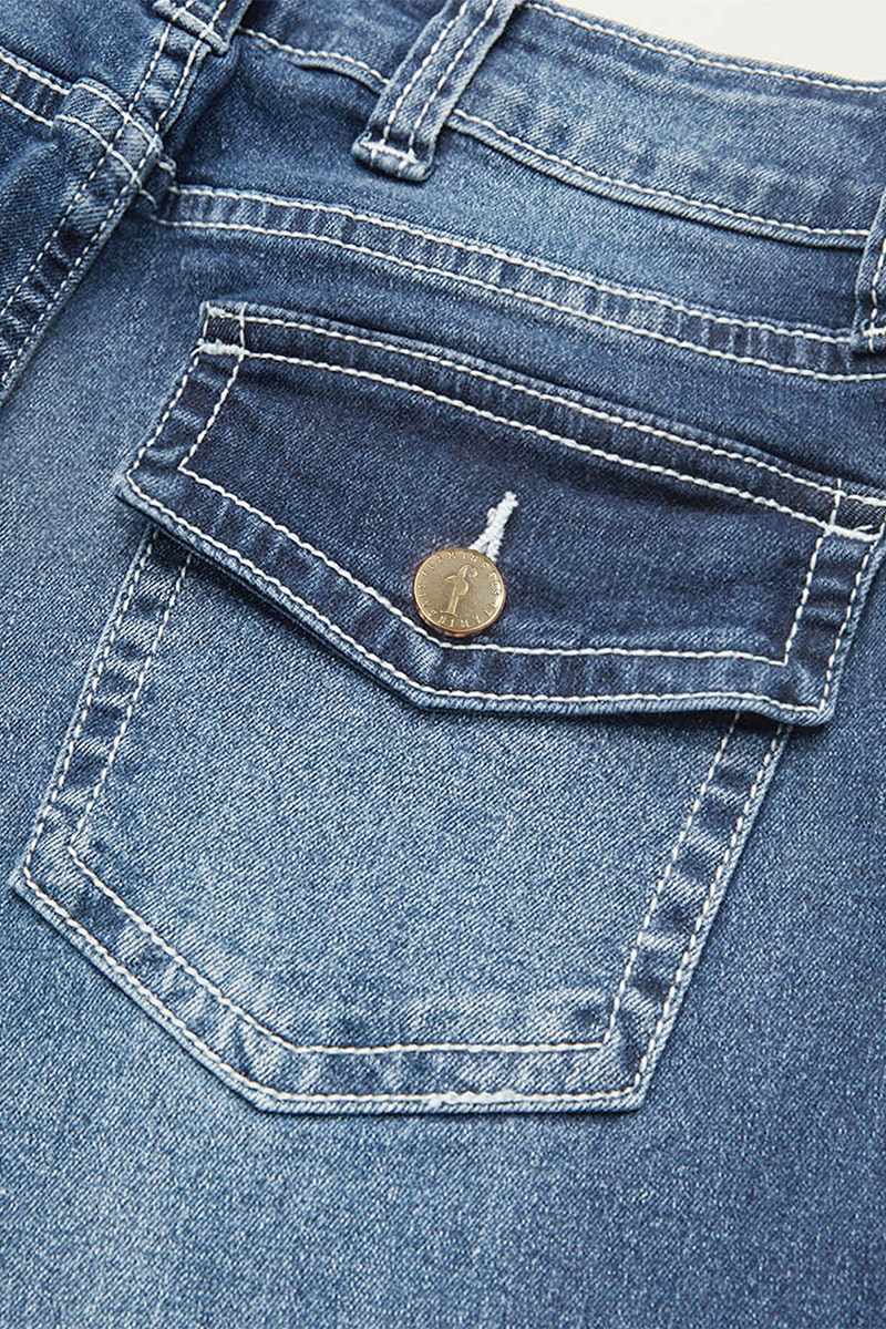 Wash Mid Waist Buttoned Hem Bootcut Jeans Without Belt