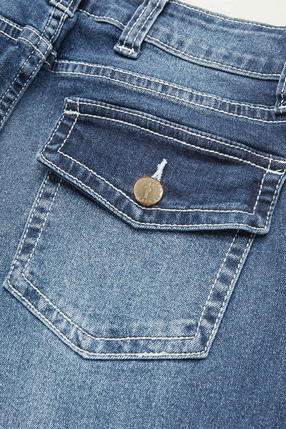 Wash Mid Waist Buttoned Hem Bootcut Jeans Without Belt