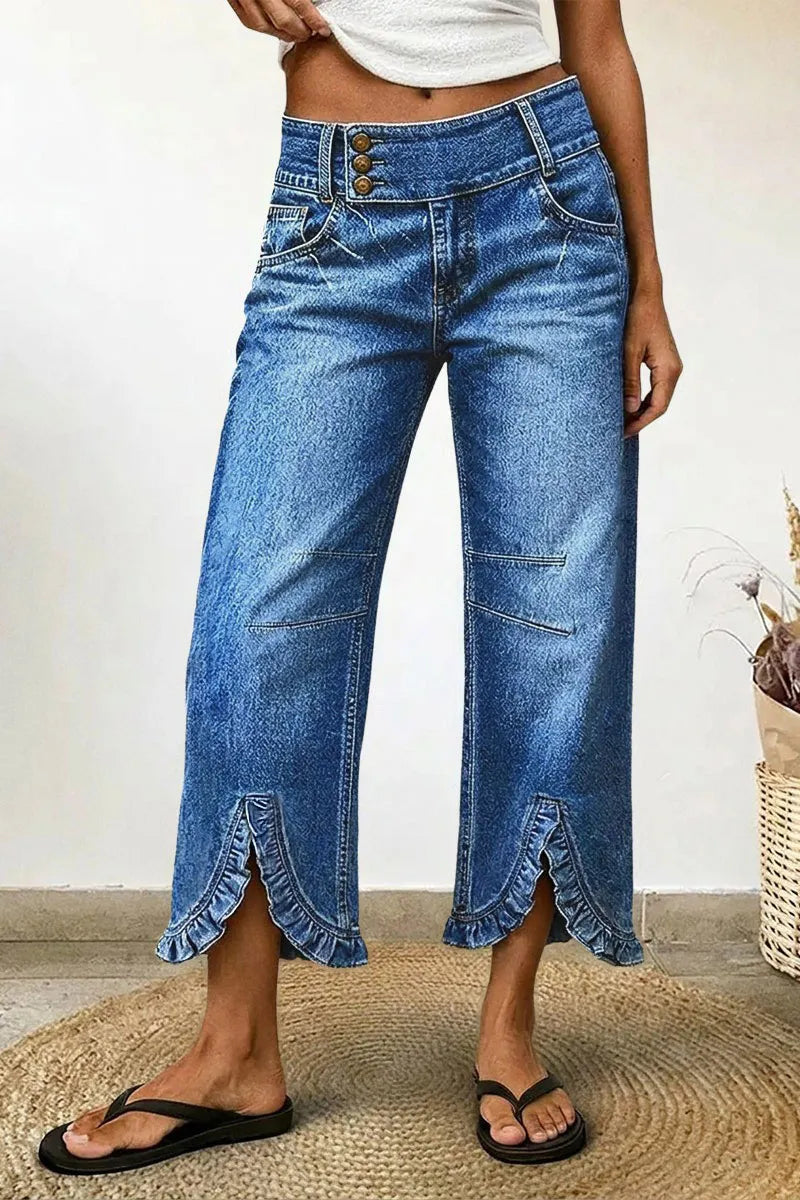 Wash Ruffle Hem Asymmetrical Mid Waist Wide Leg Cropped Jeans