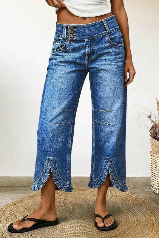 Wash Ruffle Hem Asymmetrical Mid Waist Wide Leg Cropped Jeans