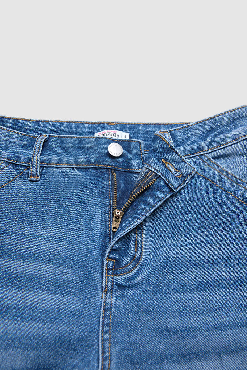 Wash Floral Embroidery Scallop Trim Mid Waist Wide Leg Jeans Without Belt