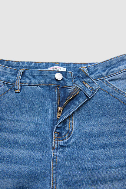 Wash Floral Embroidery Scallop Trim Mid Waist Wide Leg Jeans Without Belt