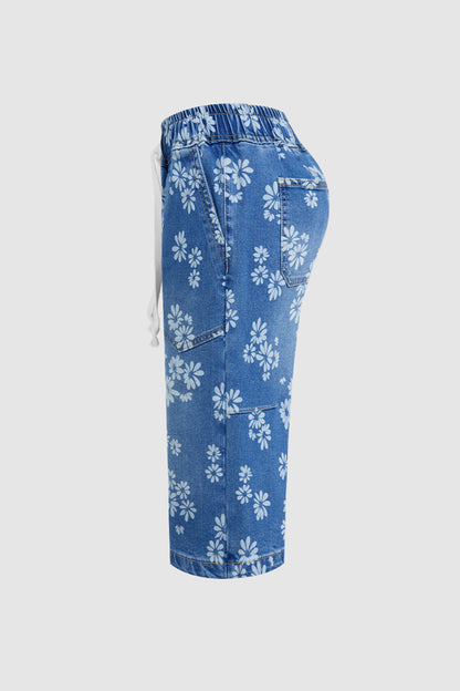 Floral Print Drawstring Mid Waist Denim Bermuda Shorts