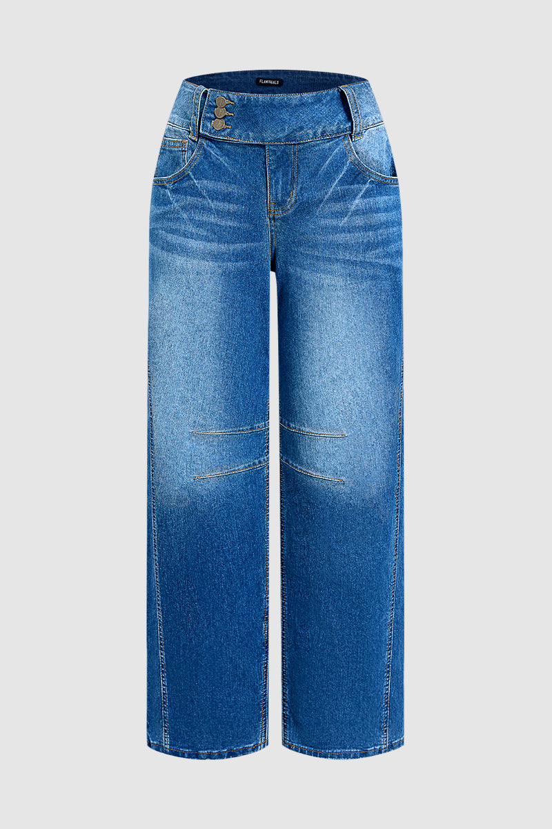 Asymmetrical Button Decor Stitch Decor Mid Waist Straight Leg Jeans