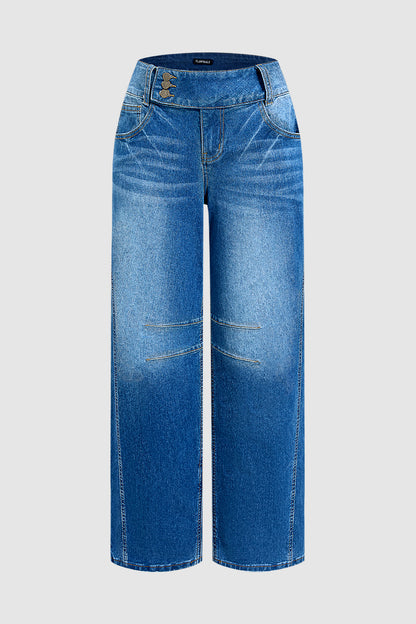 Asymmetrical Button Decor Stitch Decor Mid Waist Straight Leg Jeans