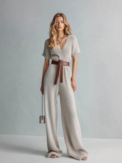 Chic Elegant Light Gray V-Neck Short-Sleeve Belted Loose-Fit Wide-Leg Knit Jumpsuit