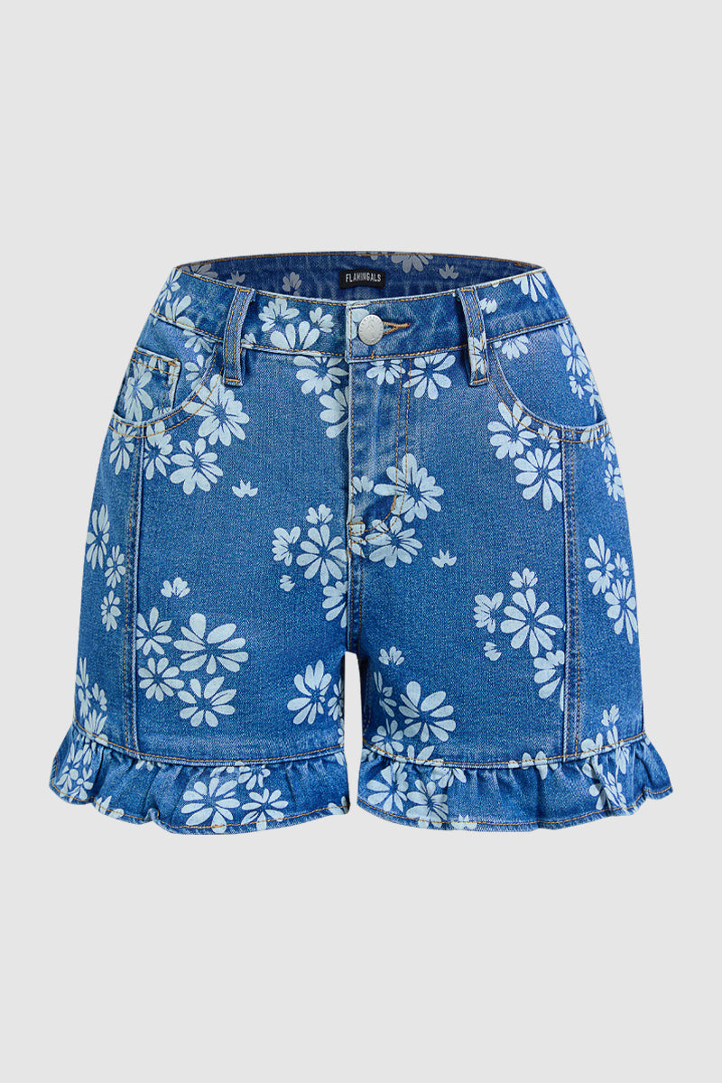 Floral Print Stitch Front Ruffle Hem Mid Rise Denim Shorts
