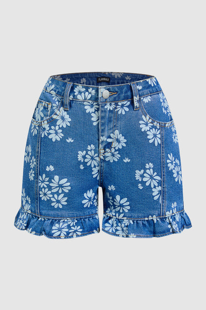 Floral Print Stitch Front Ruffle Hem Mid Rise Denim Shorts