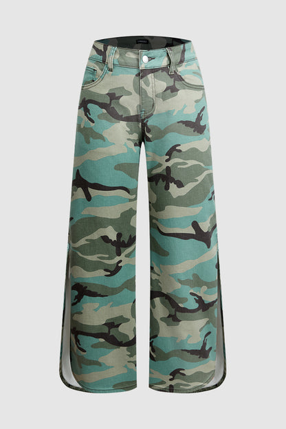 Camo Pattern Split Mid Waist Wide Leg Crop Pants Without Belt