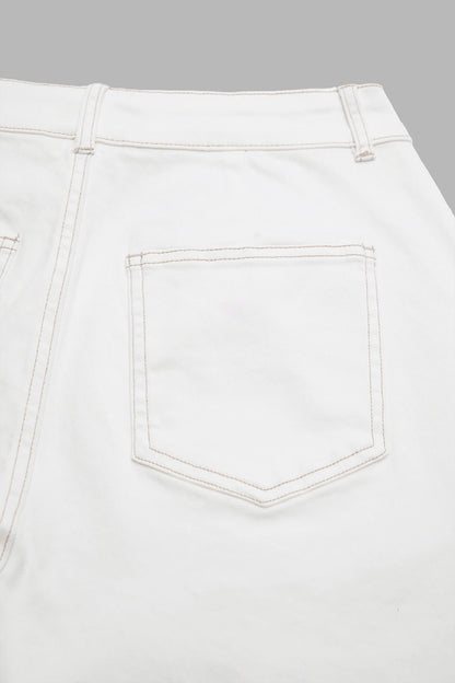 Solid Drawstring Stitch Detail Pleated Mid Waist Wide Leg Crop Pants Without Belt