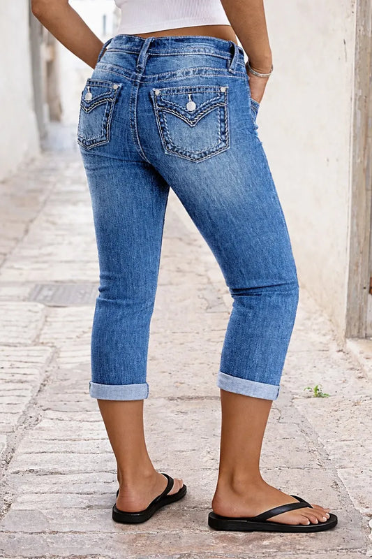 Stitch Detail Mid Waist Skinny Rolled Hem Capri Jeans