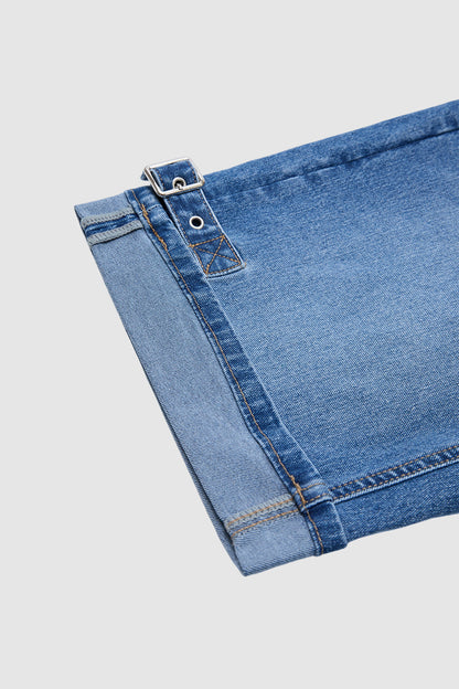 Wash Buckle Decor Roll Hem Mid Waist Denim Bermuda Shorts