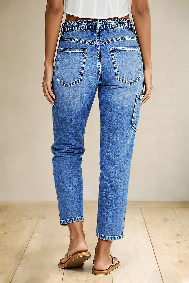 Patch Pocket Button Hem Belted Elastic Waistband Mid Rise Straight Leg Crop Jeans