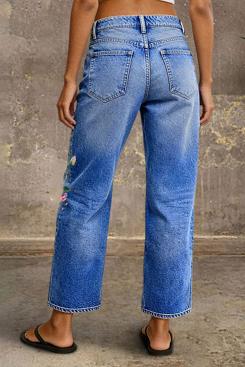 Wash Floral Embroidery Mid Rise Straight Leg Crop Jeans