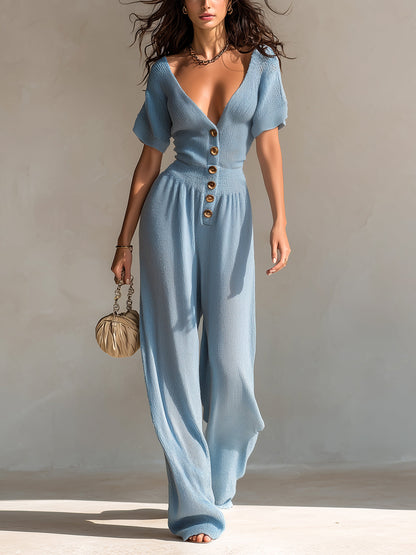 Chic Elegant Blue Deep V-Neck Button-Front Short-Sleeve Tailored Waist Wide-Leg Ribbed Knit Jumpsuit