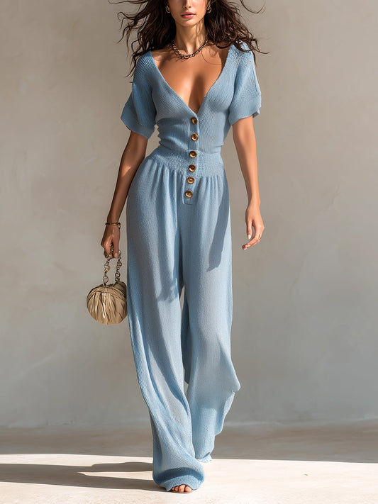 Chic Elegant Blue Deep V-Neck Button-Front Short-Sleeve Tailored Waist Wide-Leg Ribbed Knit Jumpsuit