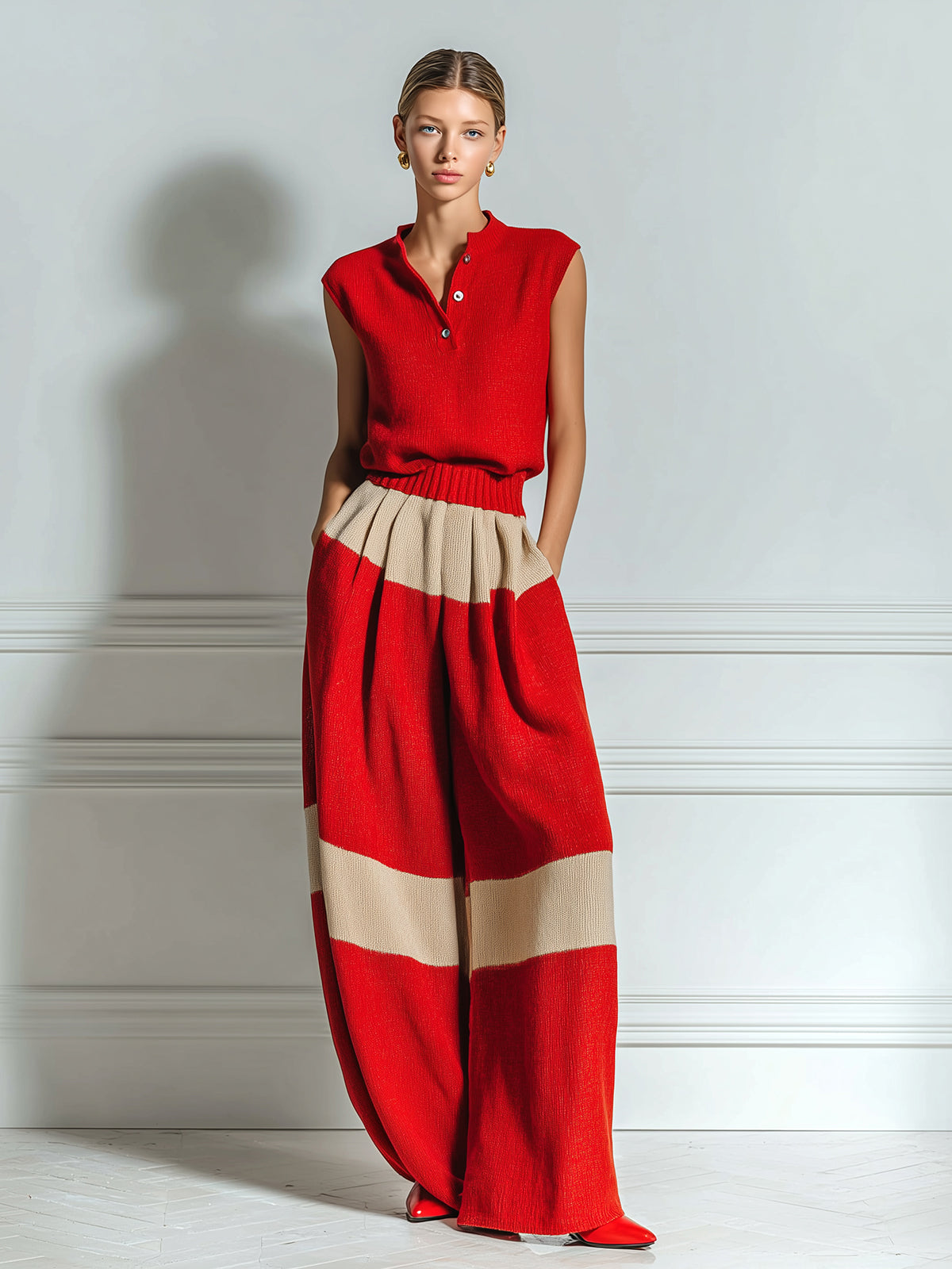 Chic Elegant Red-Camel Colorblock Henley Neck Sleeveless Loose-Fit Top And Elastic Waist Wide-Leg Pants Knit Two-Piece Set