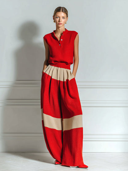 Chic Elegant Red-Camel Colorblock Henley Neck Sleeveless Loose-Fit Top And Elastic Waist Wide-Leg Pants Knit Two-Piece Set
