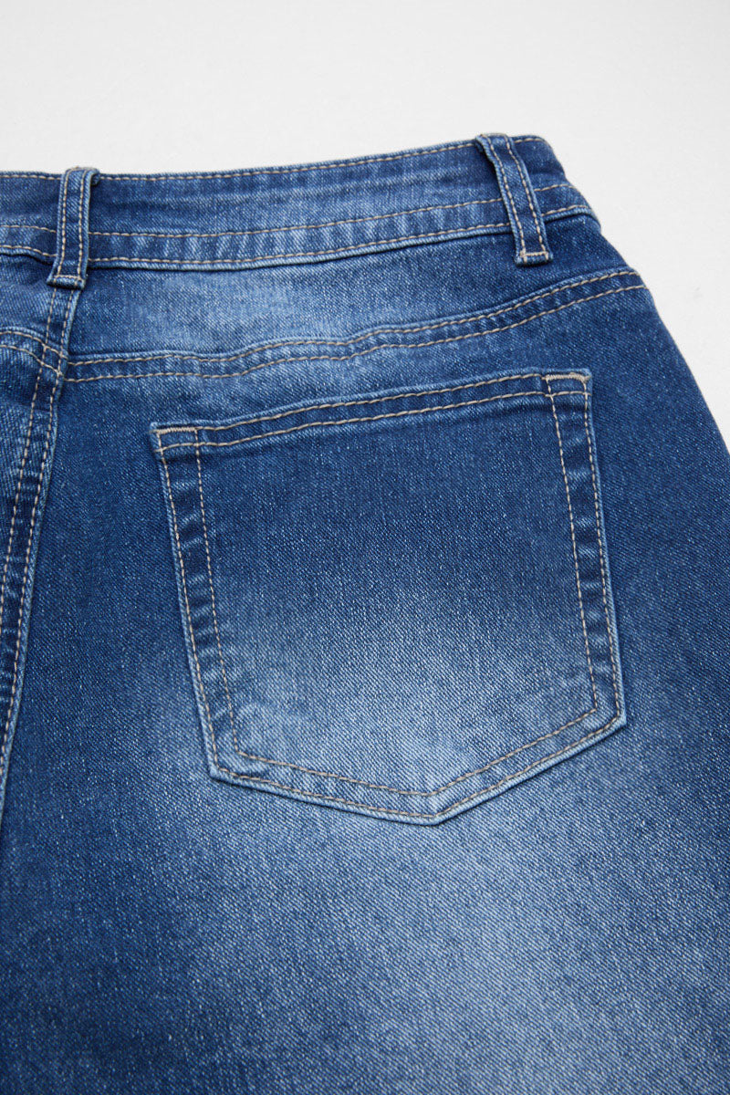 Wash Floral Embroidery Roll Hem Mid Rise Denim Bermuda Shorts