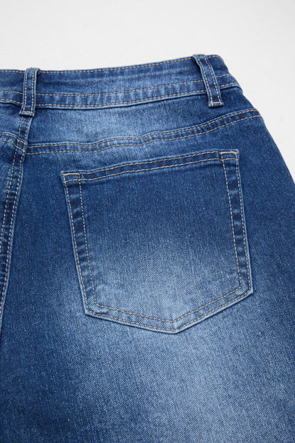 Wash Floral Embroidery Roll Hem Mid Rise Denim Bermuda Shorts