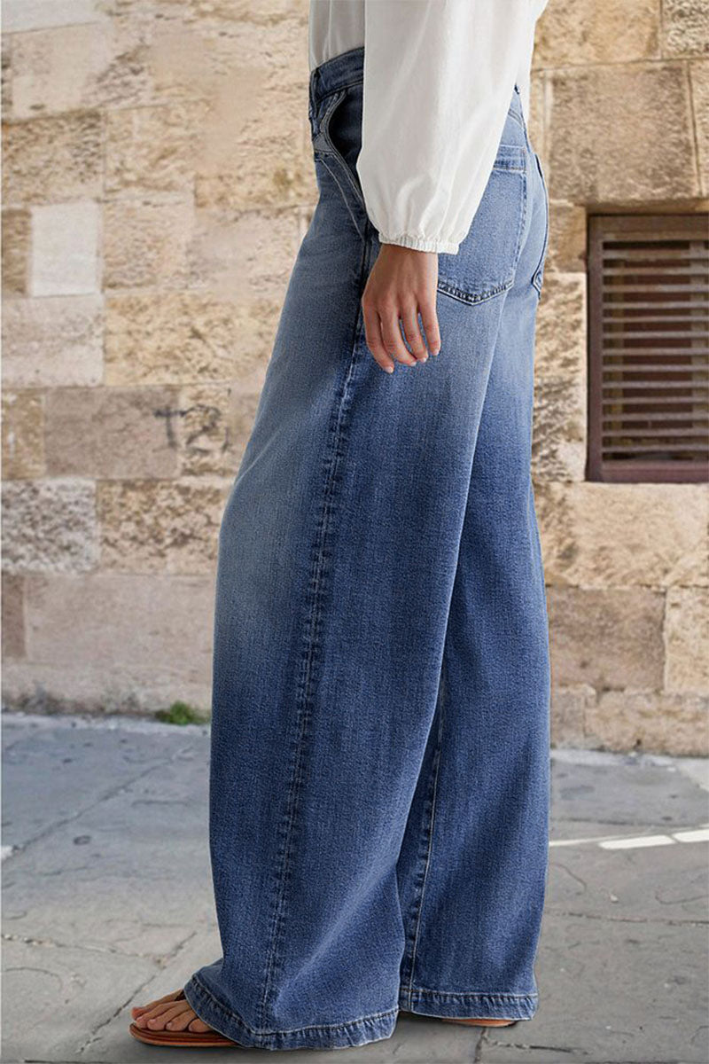 Wash Stitch Decor Wide Leg Mid Rise Jeans Without Belt