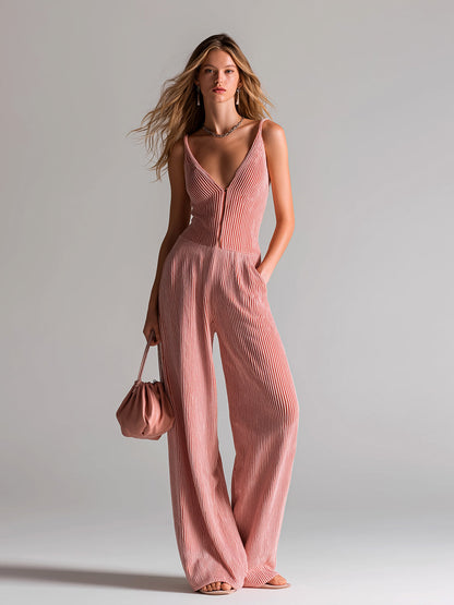 Chic Casual Red-White Stripes V-Neck Zipper-Front Sleeveless Tailored Waist Wide-Leg Knit Jumpsuit