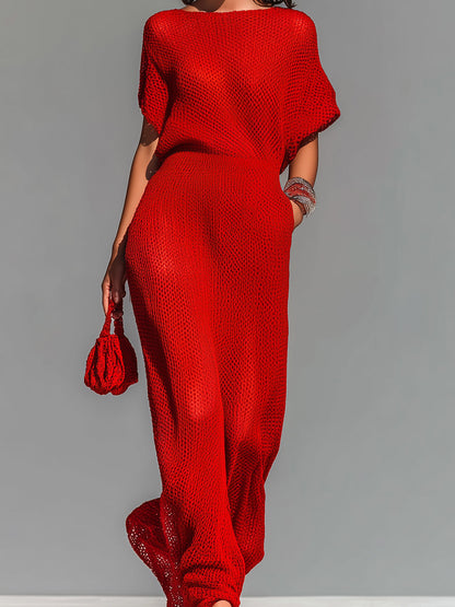 Chic Elegant Red Boat Neck Short-Sleeve Loose-Fit Breathable Knit Maxi Dress