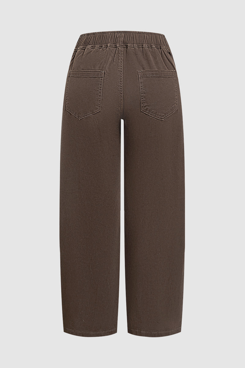Solid Seam Front Pleated Elastic Back Mid Waist Wide Leg Pants