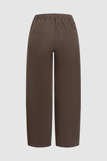 Solid Seam Front Pleated Elastic Back Mid Waist Wide Leg Pants