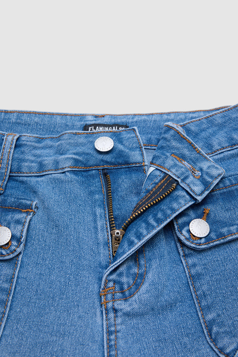 Wash Flap Pocket Roll Hem Mid Rise Denim Shorts Without Belt