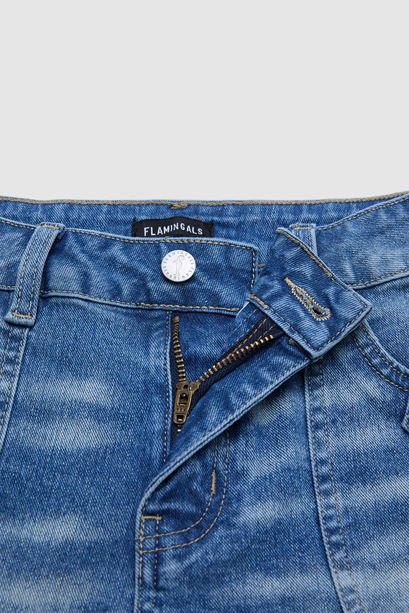 Button Tab Mid Waist Denim Mid Thigh Shorts