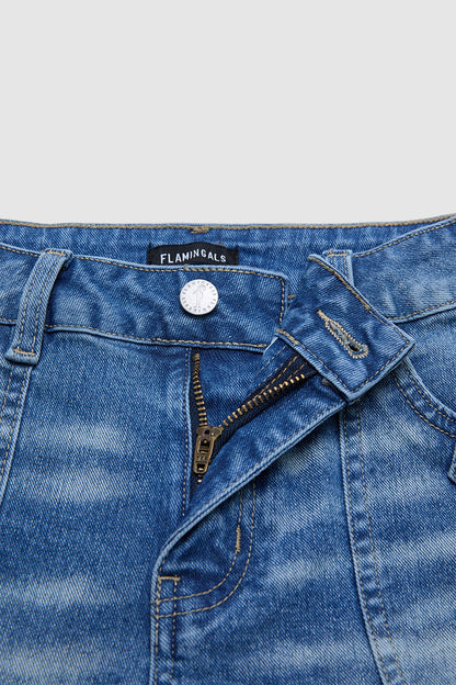 Button Tab Mid Waist Denim Mid Thigh Shorts