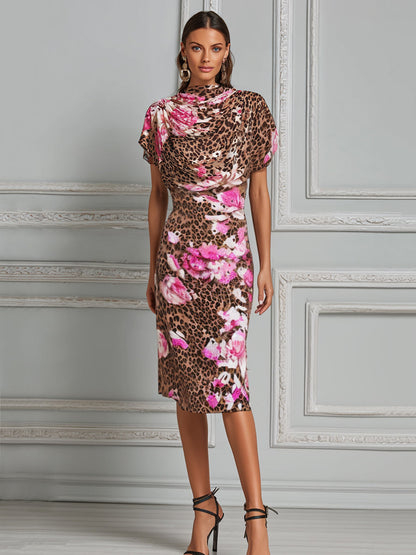 Exotic Bloom Cowl-Neck Sheath Midi Dress