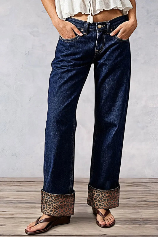 Leopard Print Studded Roll Hem Mid Waist Straight Leg Jeans
